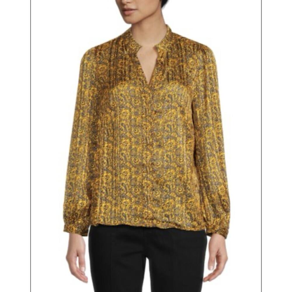 MELLODAY Women Floral Metallic Yellow Gold Blouse size M button up